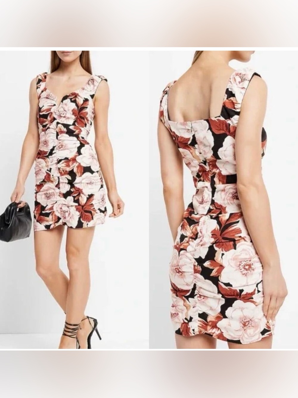 NWT Express Floral Print Linen-Blend V-Bar Ruched Mini Dress, Size L
